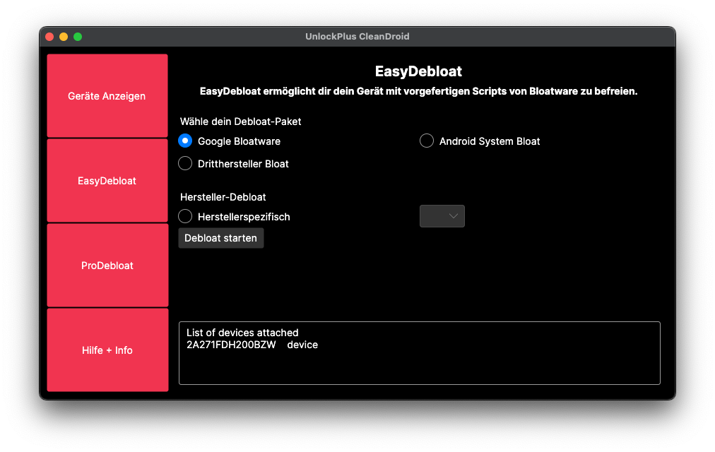 CleanDroid EasyDebloat Modus